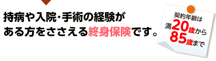 持病や入院･手術の経験がある方をささえる終身保険です。契約年齢は満20歳から85歳まで